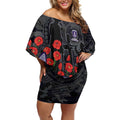 Fremantle Dockers ANZAC Day Off Shoulder Short Dress Indigenous Dot Art with Poppy Flower Tribute