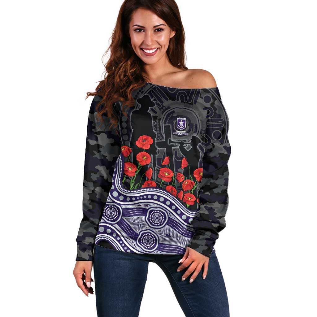 Fremantle Dockers ANZAC Day Off Shoulder Sweater Indigenous Dot Art with Poppy Flower Tribute