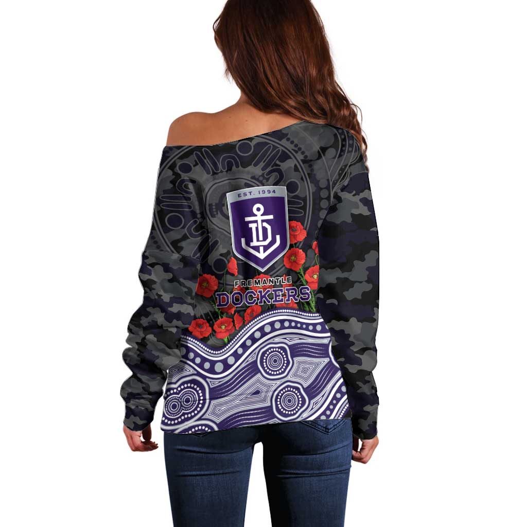 Fremantle Dockers ANZAC Day Off Shoulder Sweater Indigenous Dot Art with Poppy Flower Tribute