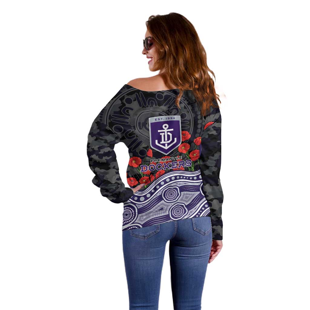 Fremantle Dockers ANZAC Day Off Shoulder Sweater Indigenous Dot Art with Poppy Flower Tribute