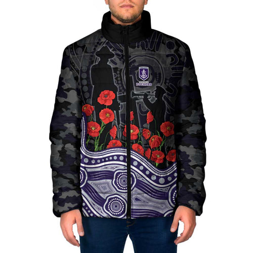 Fremantle Dockers ANZAC Day Padded Jacket Indigenous Dot Art with Poppy Flower Tribute