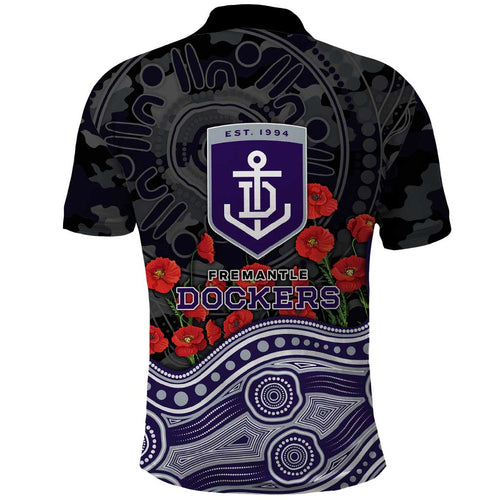 Fremantle Dockers ANZAC Day Polo Shirt Indigenous Dot Art with Poppy Flower Tribute