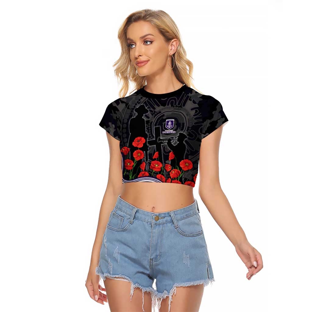 Fremantle Dockers ANZAC Day Raglan Cropped T Shirt Indigenous Dot Art with Poppy Flower Tribute