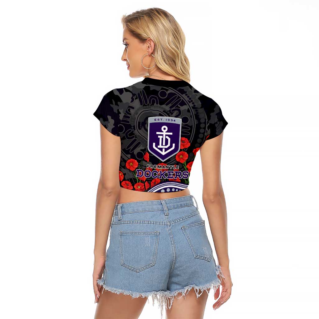 Fremantle Dockers ANZAC Day Raglan Cropped T Shirt Indigenous Dot Art with Poppy Flower Tribute