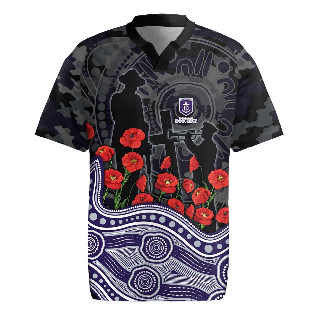 Fremantle Dockers ANZAC Day Rugby Jersey Indigenous Dot Art with Poppy Flower Tribute