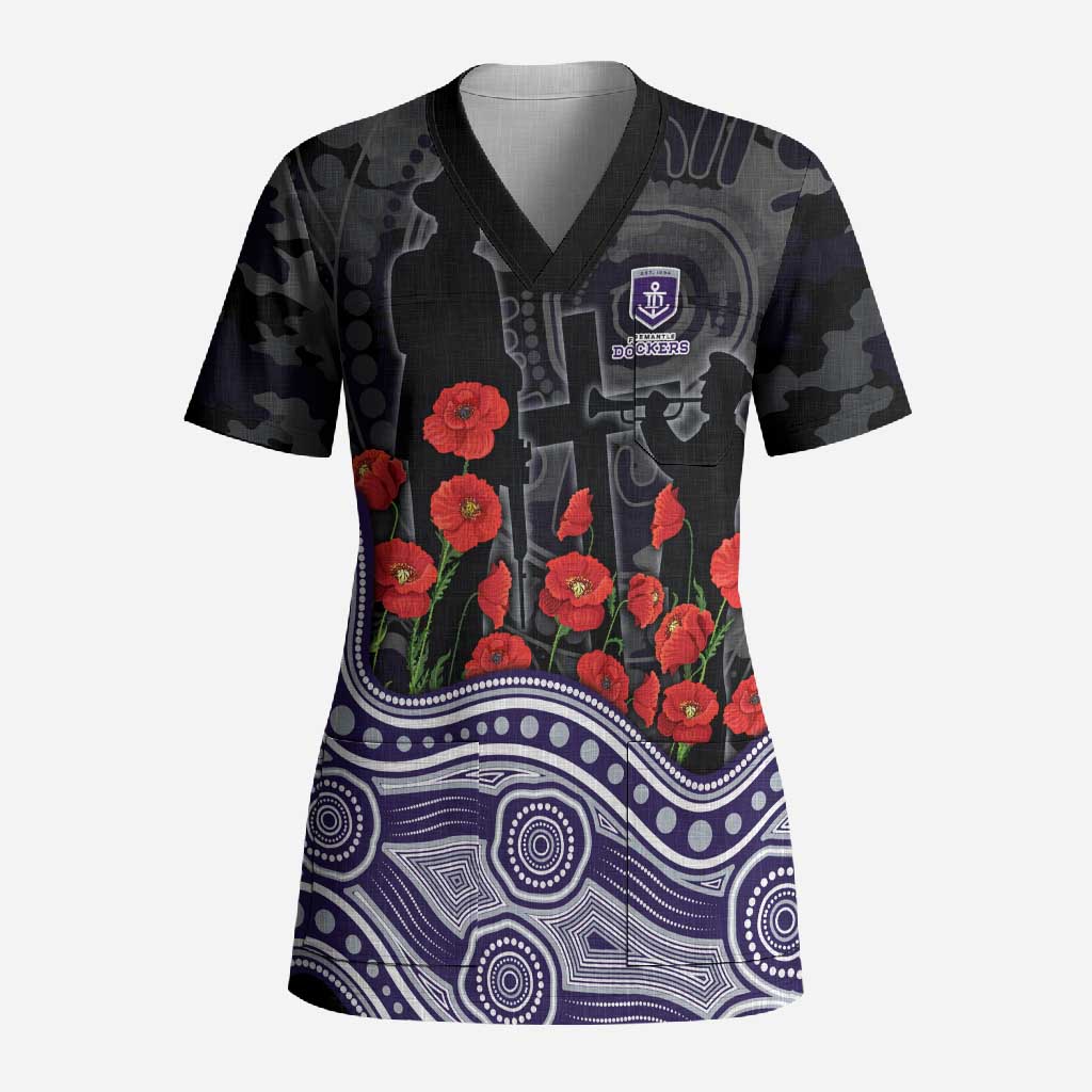Fremantle Dockers ANZAC Day Scrub Top Indigenous Dot Art with Poppy Flower Tribute