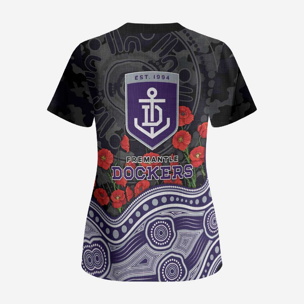 Fremantle Dockers ANZAC Day Scrub Top Indigenous Dot Art with Poppy Flower Tribute