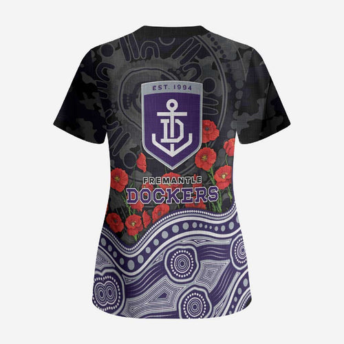Fremantle Dockers ANZAC Day Scrub Top Indigenous Dot Art with Poppy Flower Tribute