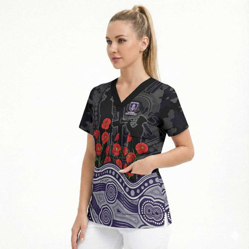 Fremantle Dockers ANZAC Day Scrub Top Indigenous Dot Art with Poppy Flower Tribute