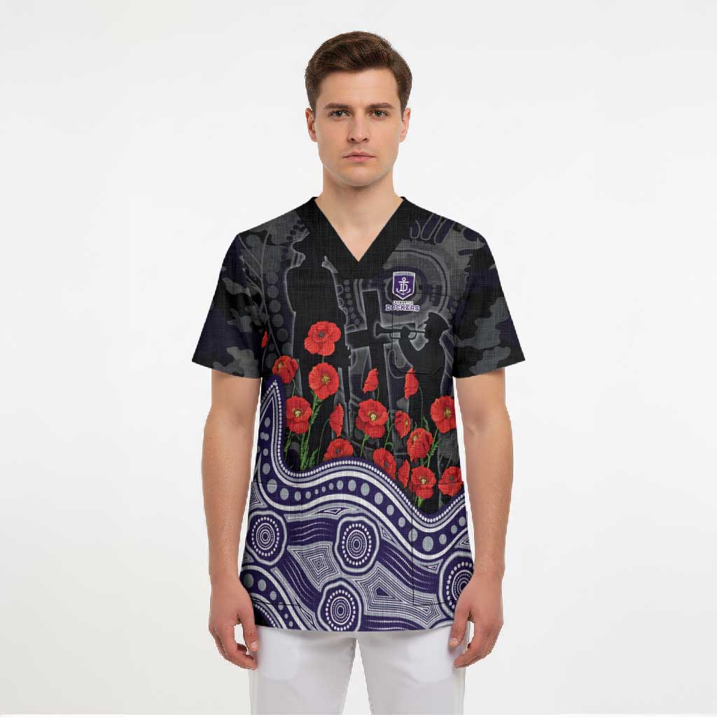 Fremantle Dockers ANZAC Day Scrub Top Indigenous Dot Art with Poppy Flower Tribute
