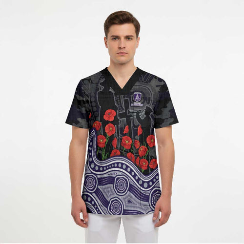 Fremantle Dockers ANZAC Day Scrub Top Indigenous Dot Art with Poppy Flower Tribute