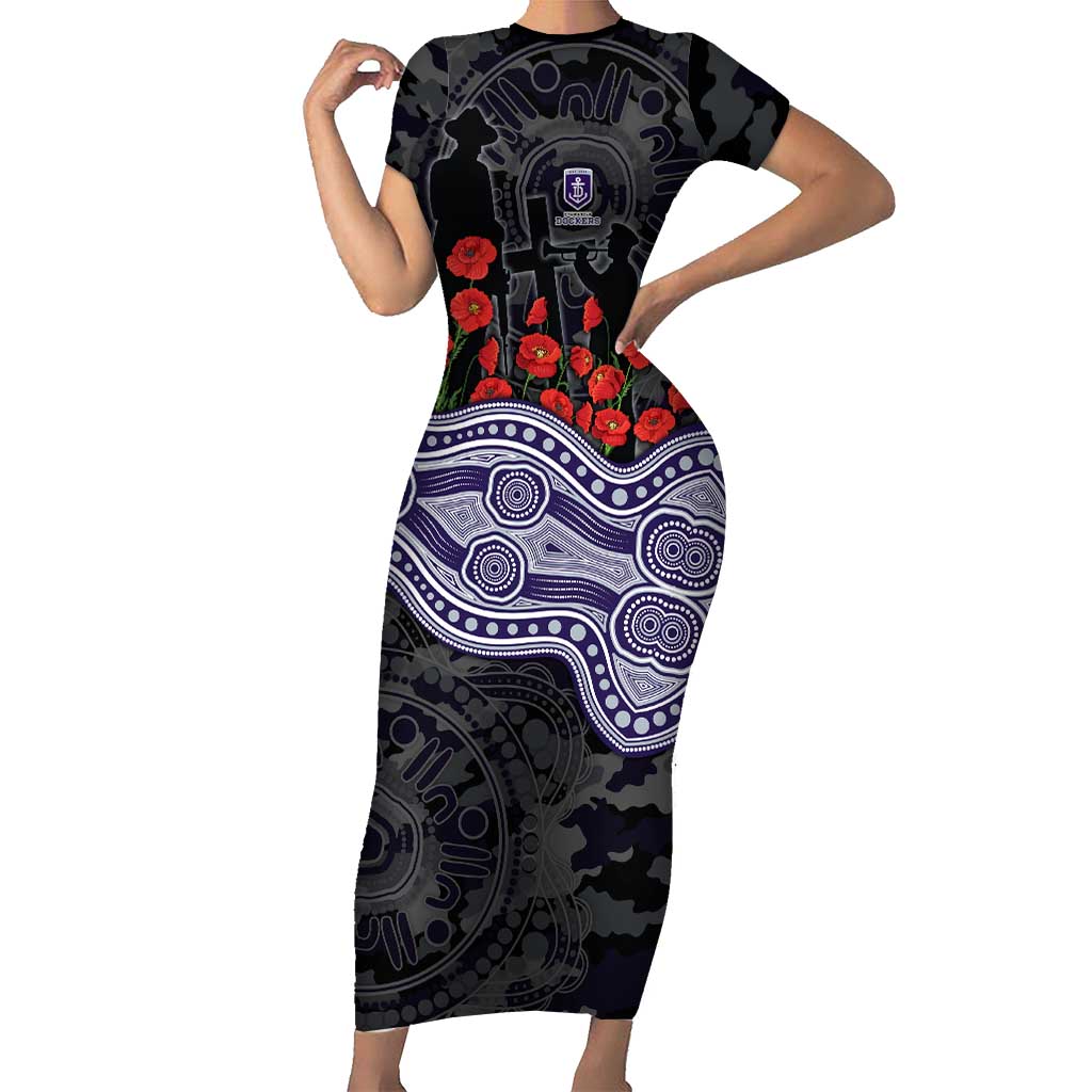 Fremantle Dockers ANZAC Day Short Sleeve Bodycon Dress Indigenous Dot Art with Poppy Flower Tribute