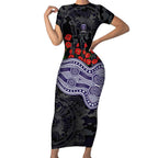 Fremantle Dockers ANZAC Day Short Sleeve Bodycon Dress Indigenous Dot Art with Poppy Flower Tribute