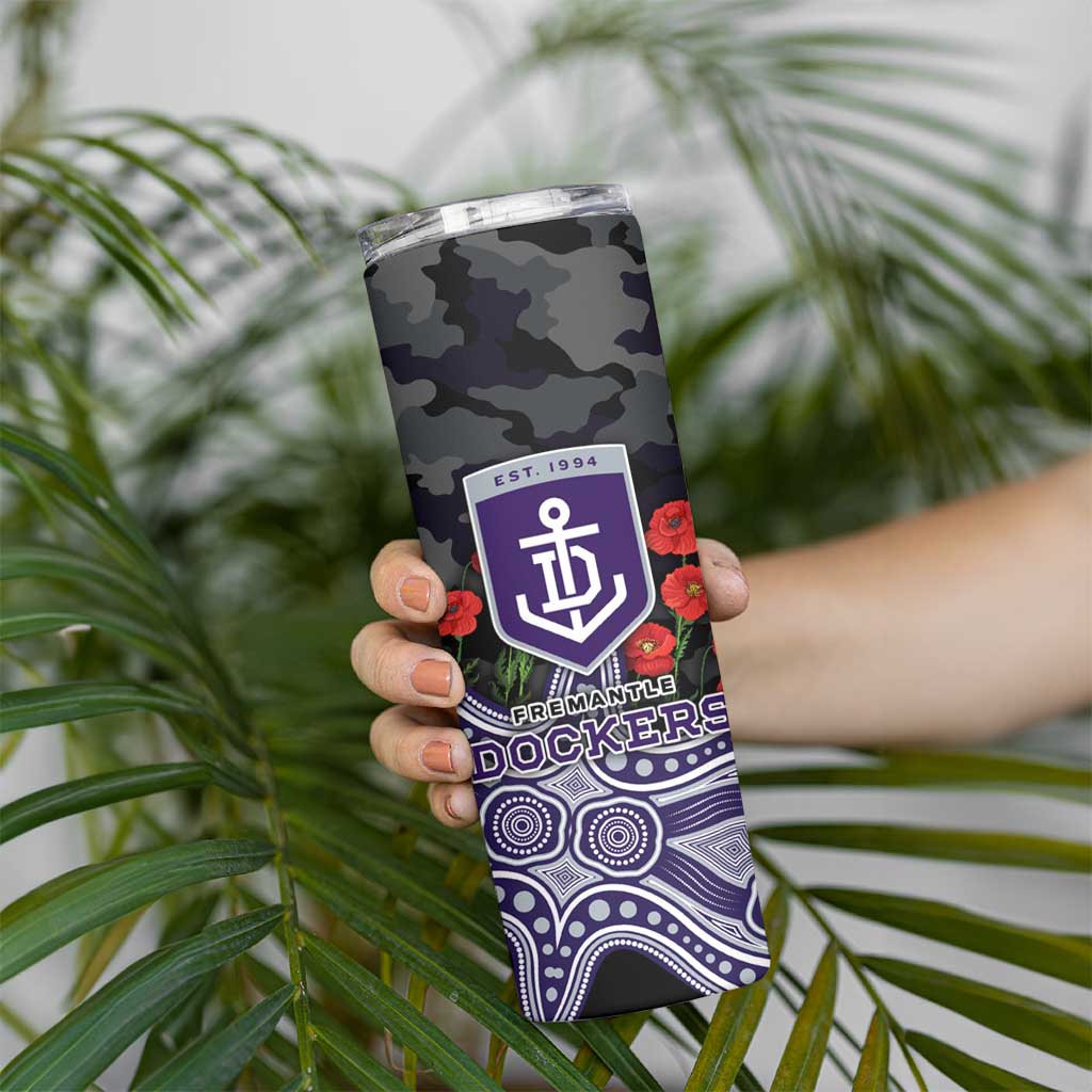 Fremantle Dockers ANZAC Day Skinny Tumbler Indigenous Dot Art with Poppy Flower Tribute