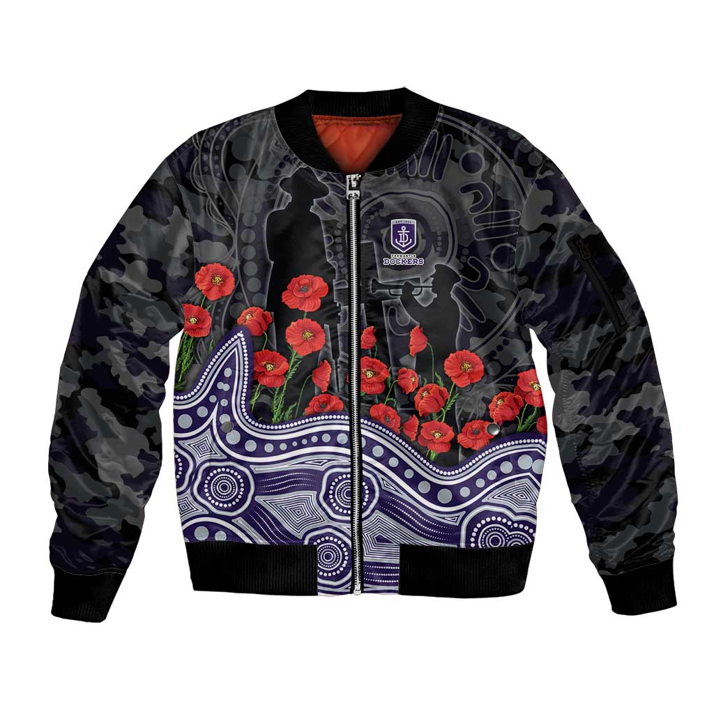 Fremantle Dockers ANZAC Day Sleeve Zip Bomber Jacket Indigenous Dot Art with Poppy Flower Tribute
