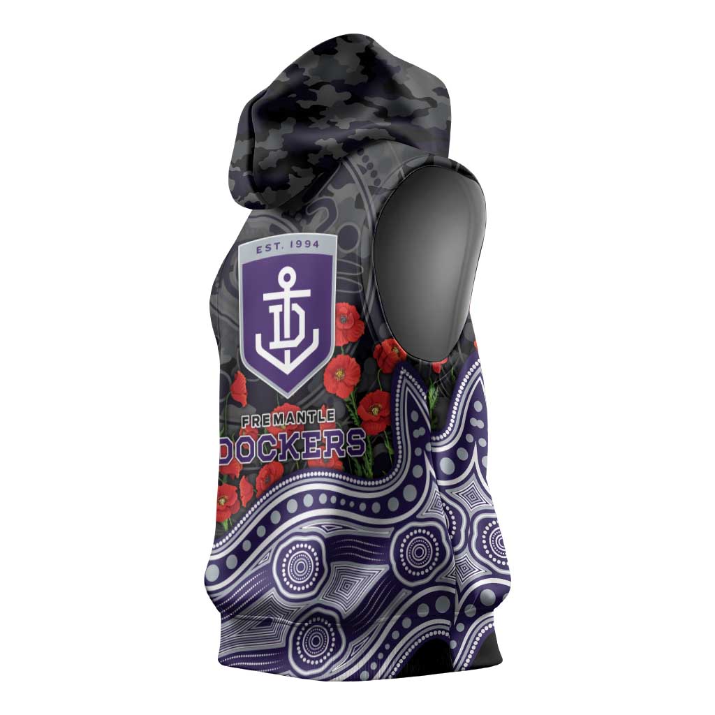 Fremantle Dockers ANZAC Day Sleeveless Hoodie Indigenous Dot Art with Poppy Flower Tribute