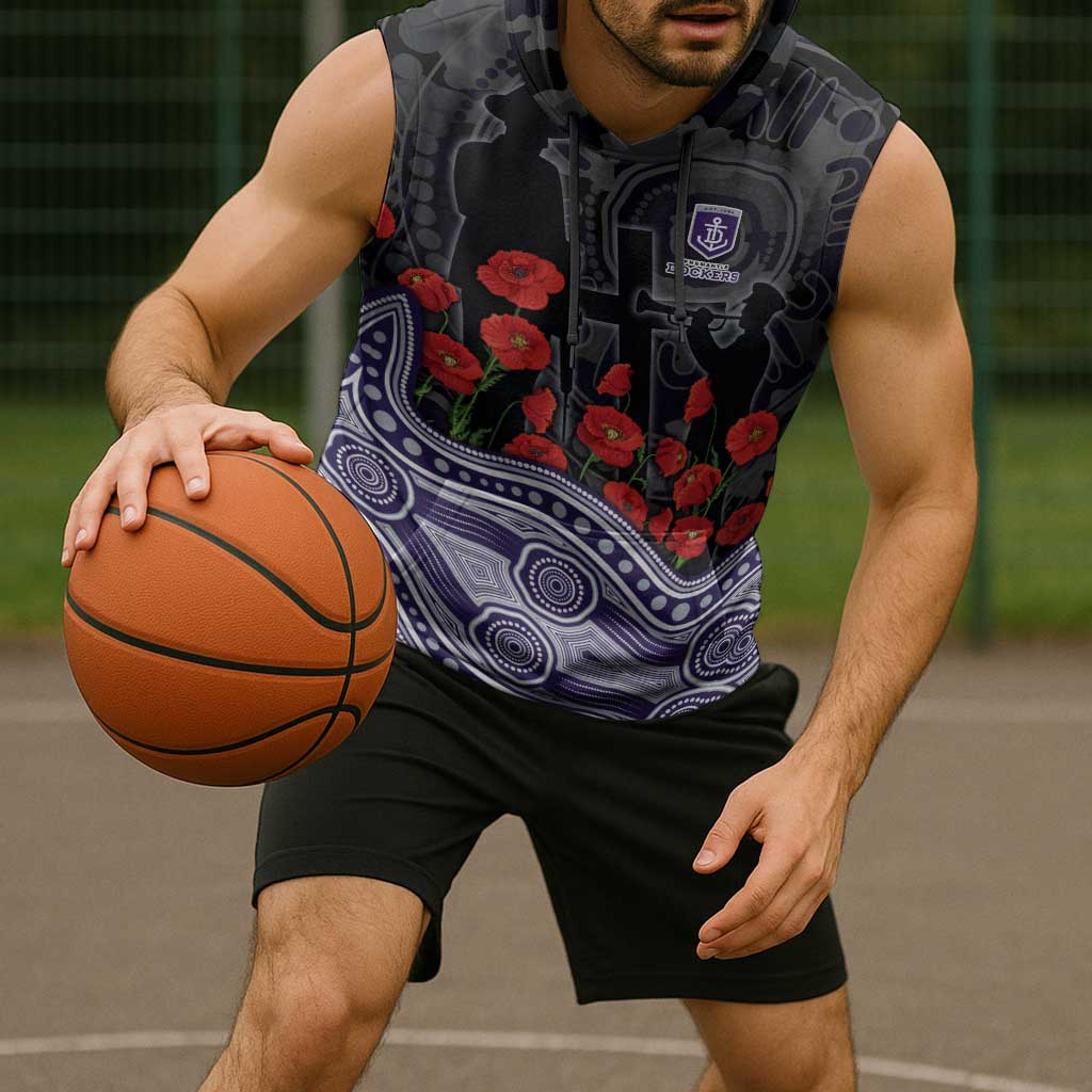 Fremantle Dockers ANZAC Day Sleeveless Hoodie Indigenous Dot Art with Poppy Flower Tribute