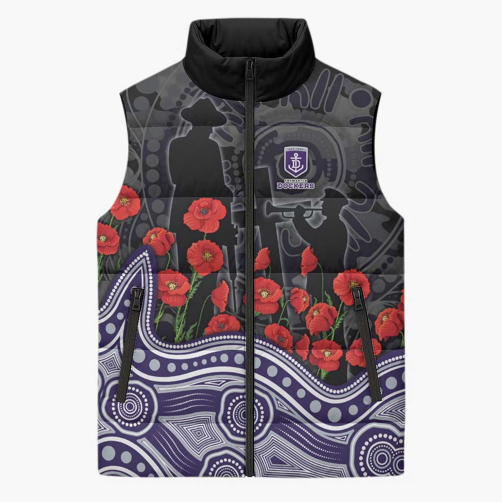 Fremantle Dockers ANZAC Day Sleeveless Puffer Jacket Indigenous Dot Art with Poppy Flower Tribute