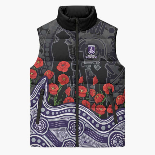 Fremantle Dockers ANZAC Day Sleeveless Puffer Jacket Indigenous Dot Art with Poppy Flower Tribute