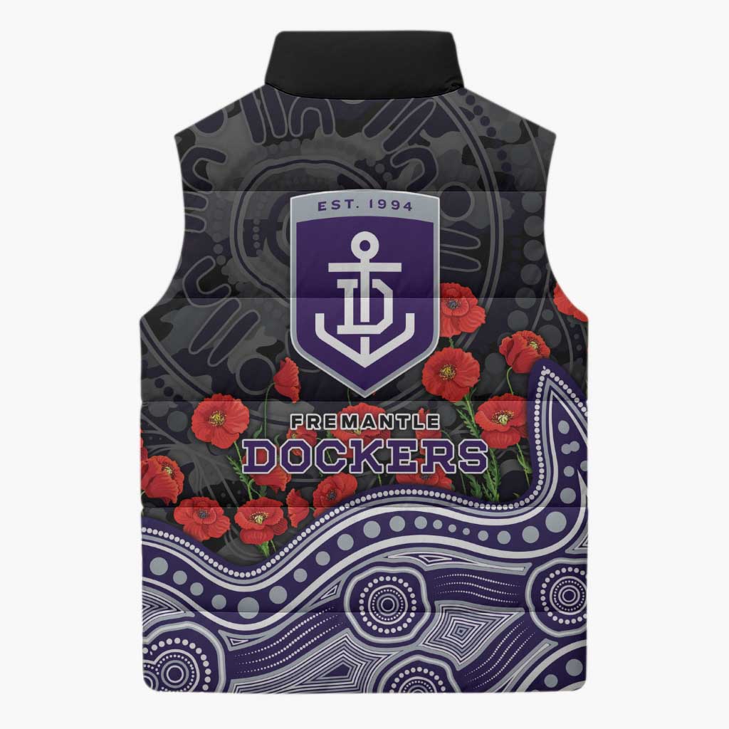 Fremantle Dockers ANZAC Day Sleeveless Puffer Jacket Indigenous Dot Art with Poppy Flower Tribute