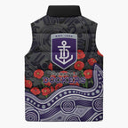 Fremantle Dockers ANZAC Day Sleeveless Puffer Jacket Indigenous Dot Art with Poppy Flower Tribute