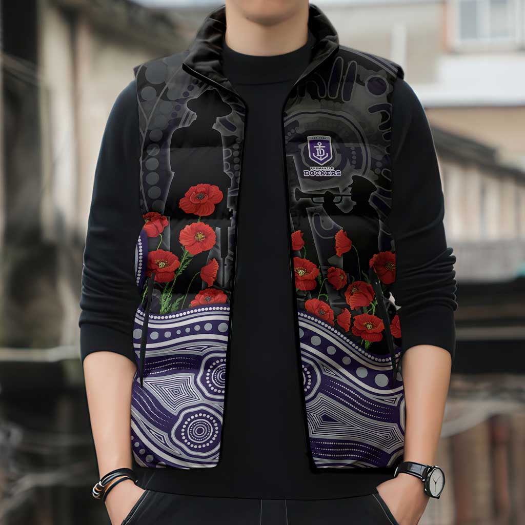 Fremantle Dockers ANZAC Day Sleeveless Puffer Jacket Indigenous Dot Art with Poppy Flower Tribute