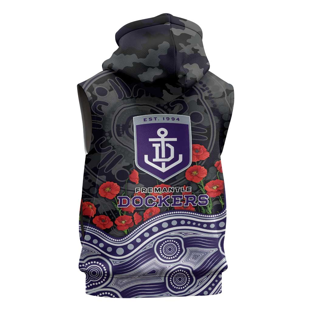 Fremantle Dockers ANZAC Day Sleeveless Zip Hoodie Indigenous Dot Art with Poppy Flower Tribute