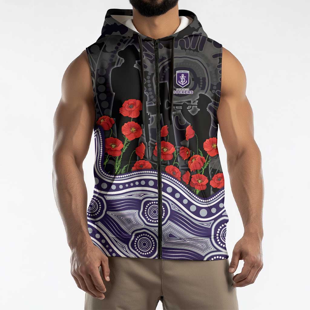 Fremantle Dockers ANZAC Day Sleeveless Zip Hoodie Indigenous Dot Art with Poppy Flower Tribute