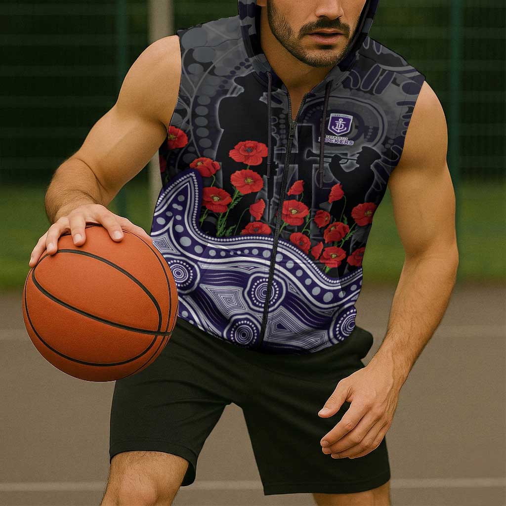 Fremantle Dockers ANZAC Day Sleeveless Zip Hoodie Indigenous Dot Art with Poppy Flower Tribute