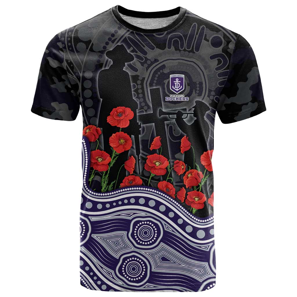 Fremantle Dockers ANZAC Day T Shirt Indigenous Dot Art with Poppy Flower Tribute