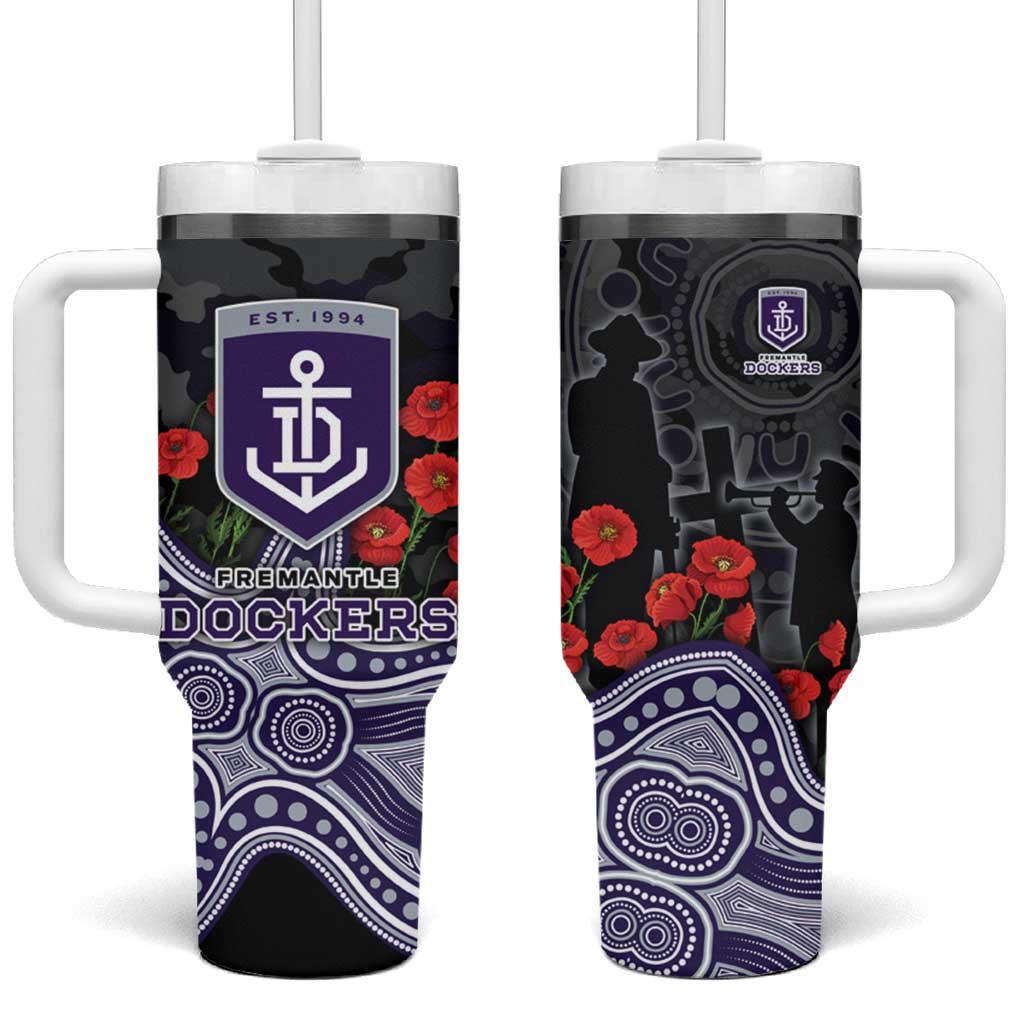 Fremantle Dockers ANZAC Day Tumbler With Handle Indigenous Dot Art with Poppy Flower Tribute
