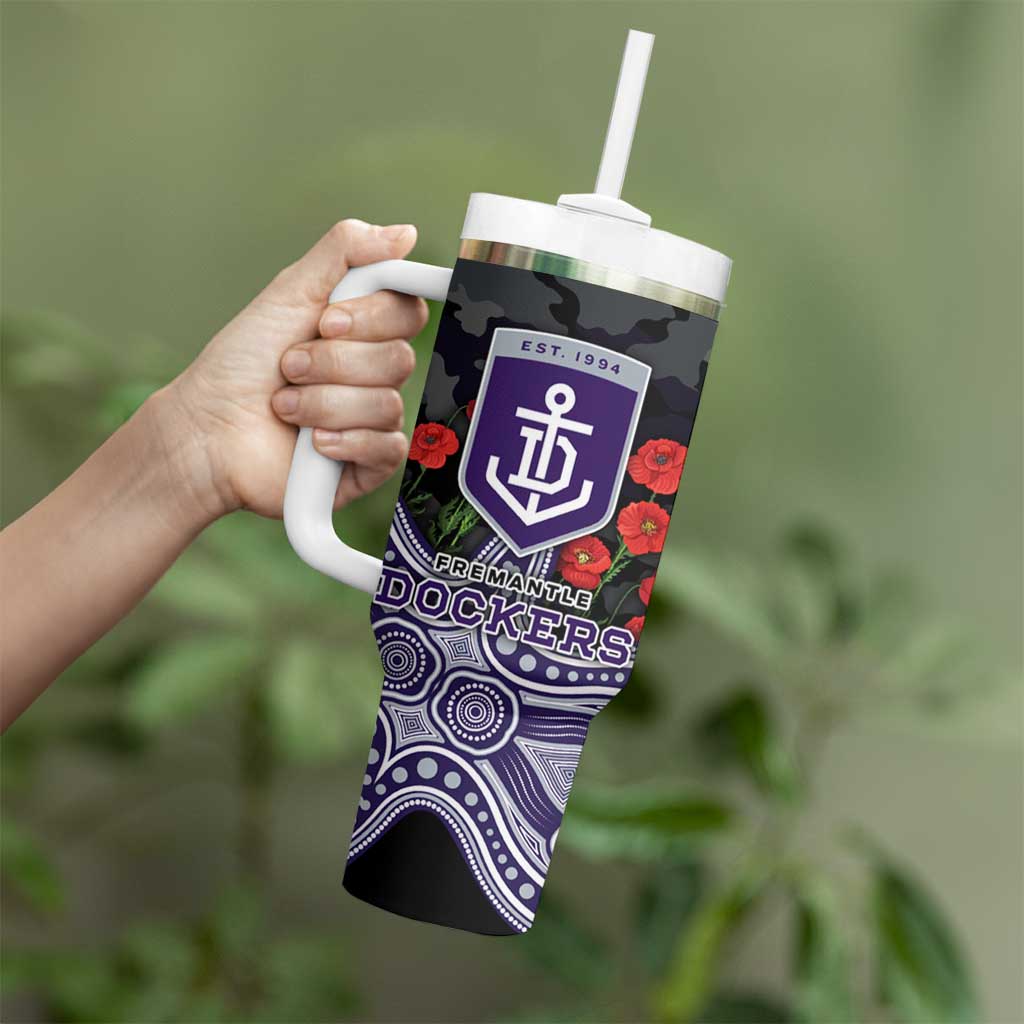 Fremantle Dockers ANZAC Day Tumbler With Handle Indigenous Dot Art with Poppy Flower Tribute