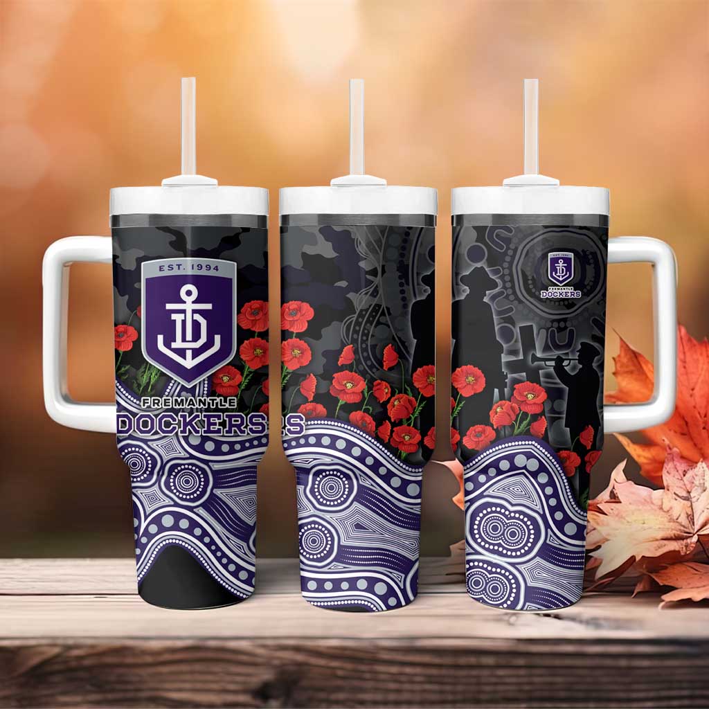 Fremantle Dockers ANZAC Day Tumbler With Handle Indigenous Dot Art with Poppy Flower Tribute