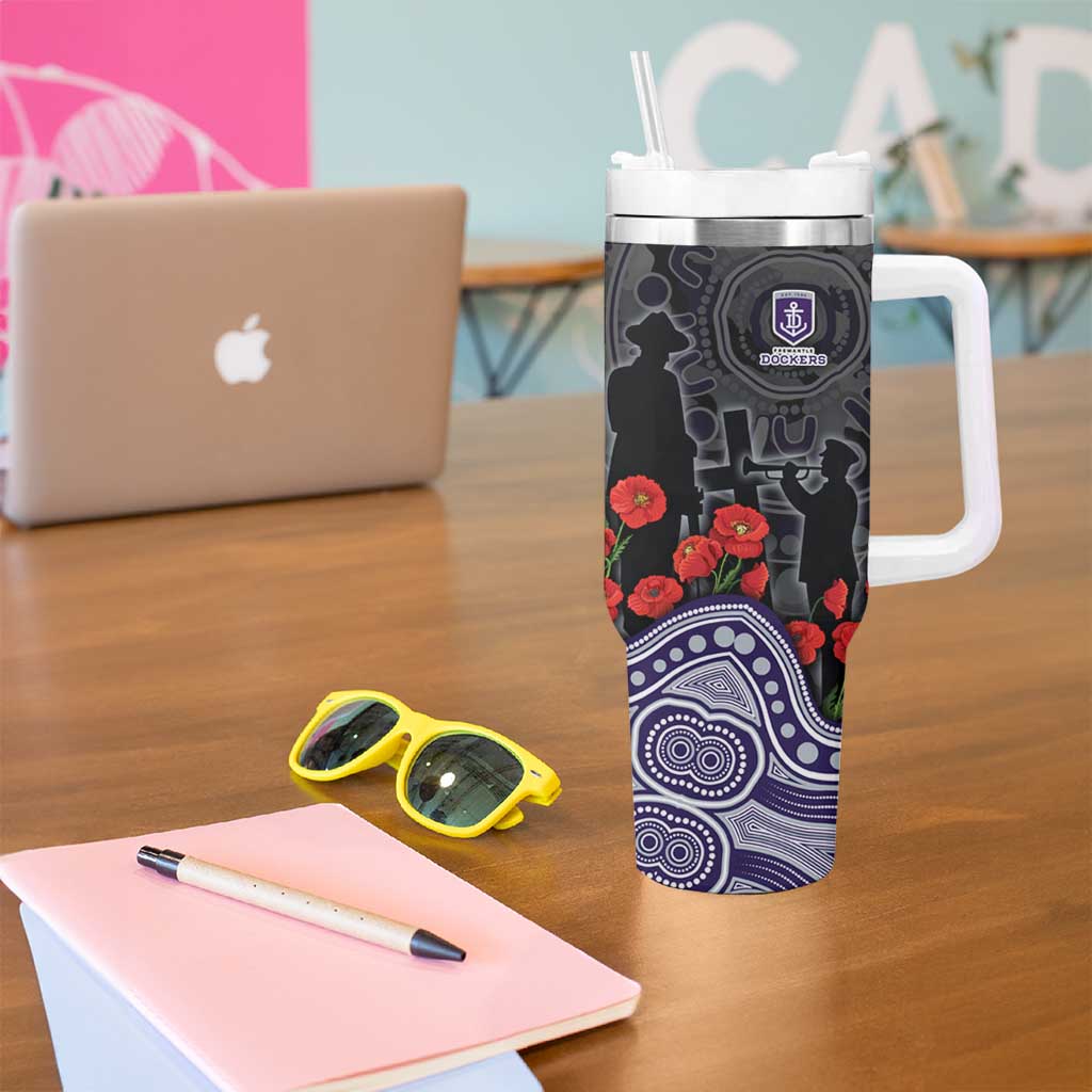 Fremantle Dockers ANZAC Day Tumbler With Handle Indigenous Dot Art with Poppy Flower Tribute