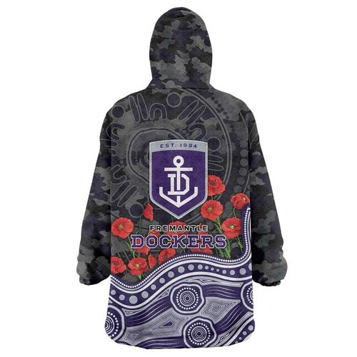 Fremantle Dockers ANZAC Day Wearable Blanket Hoodie Indigenous Dot Art with Poppy Flower Tribute