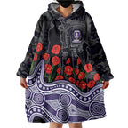 Fremantle Dockers ANZAC Day Wearable Blanket Hoodie Indigenous Dot Art with Poppy Flower Tribute