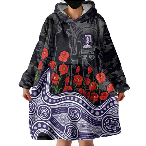 Fremantle Dockers ANZAC Day Wearable Blanket Hoodie Indigenous Dot Art with Poppy Flower Tribute