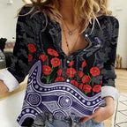 Fremantle Dockers ANZAC Day Women Casual Shirt Indigenous Dot Art with Poppy Flower Tribute