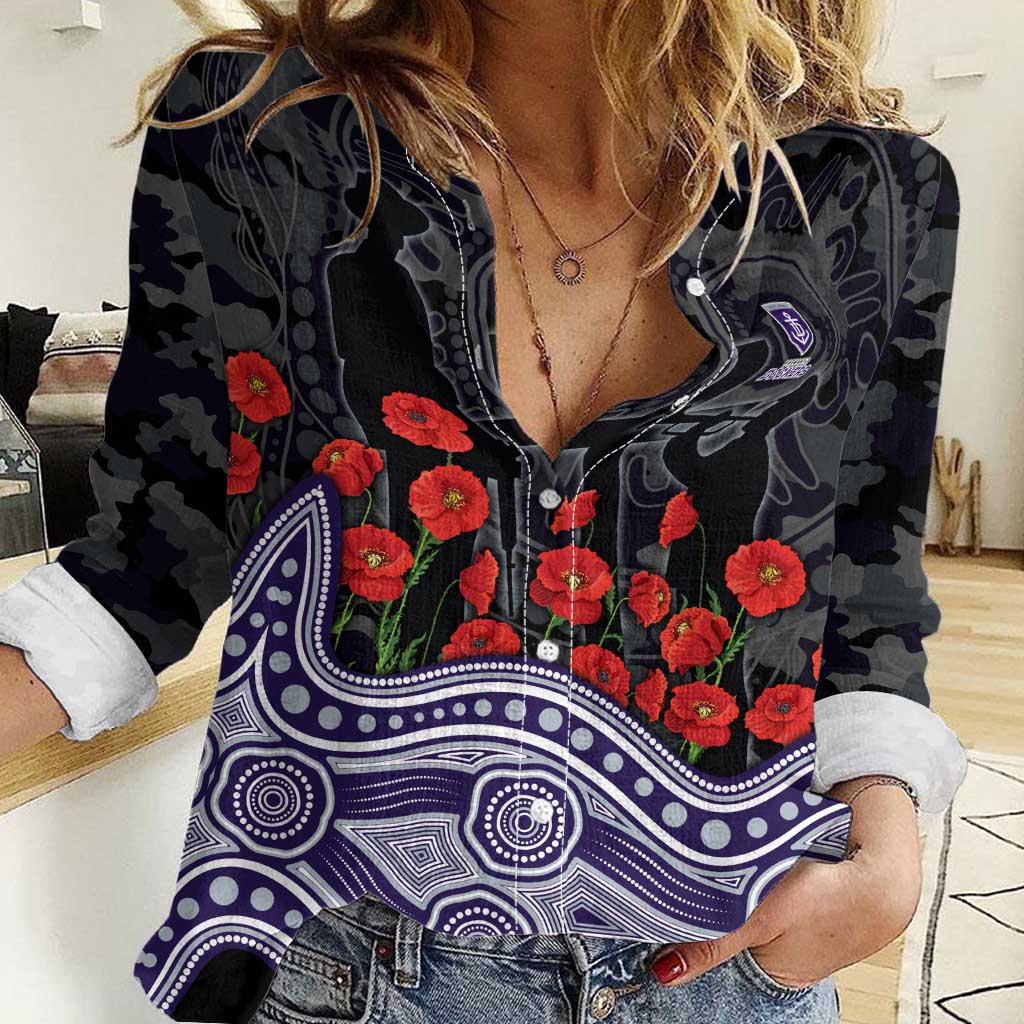 Fremantle Dockers ANZAC Day Women Casual Shirt Indigenous Dot Art with Poppy Flower Tribute