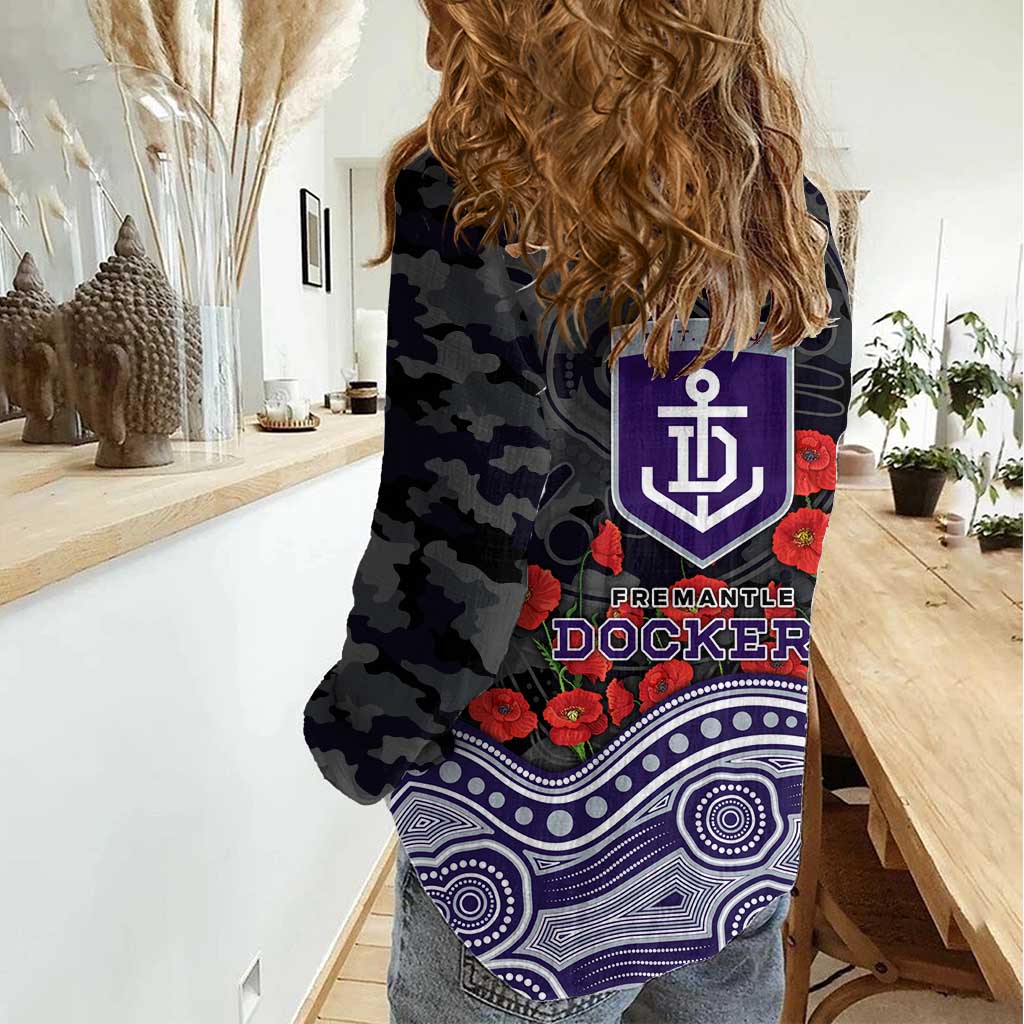 Fremantle Dockers ANZAC Day Women Casual Shirt Indigenous Dot Art with Poppy Flower Tribute