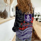 Fremantle Dockers ANZAC Day Women Casual Shirt Indigenous Dot Art with Poppy Flower Tribute