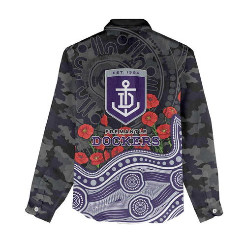 Fremantle Dockers ANZAC Day Women Casual Shirt Indigenous Dot Art with Poppy Flower Tribute