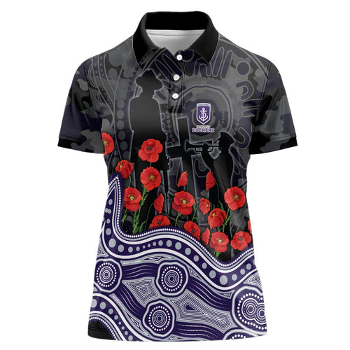 Fremantle Dockers ANZAC Day Women Polo Shirt Indigenous Dot Art with Poppy Flower Tribute