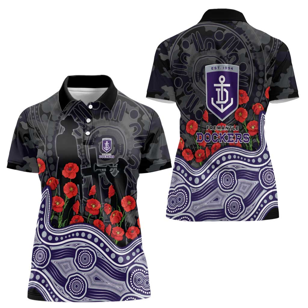 Fremantle Dockers ANZAC Day Women Polo Shirt Indigenous Dot Art with Poppy Flower Tribute