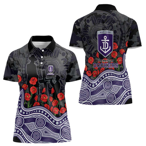 Fremantle Dockers ANZAC Day Women Polo Shirt Indigenous Dot Art with Poppy Flower Tribute
