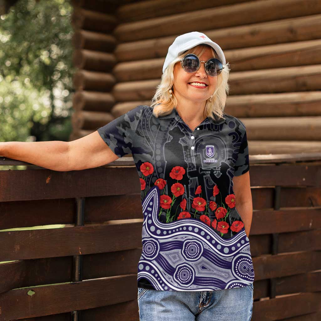 Fremantle Dockers ANZAC Day Women Polo Shirt Indigenous Dot Art with Poppy Flower Tribute