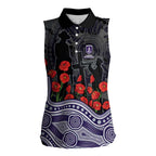 Fremantle Dockers ANZAC Day Women Sleeveless Polo Shirt Indigenous Dot Art with Poppy Flower Tribute