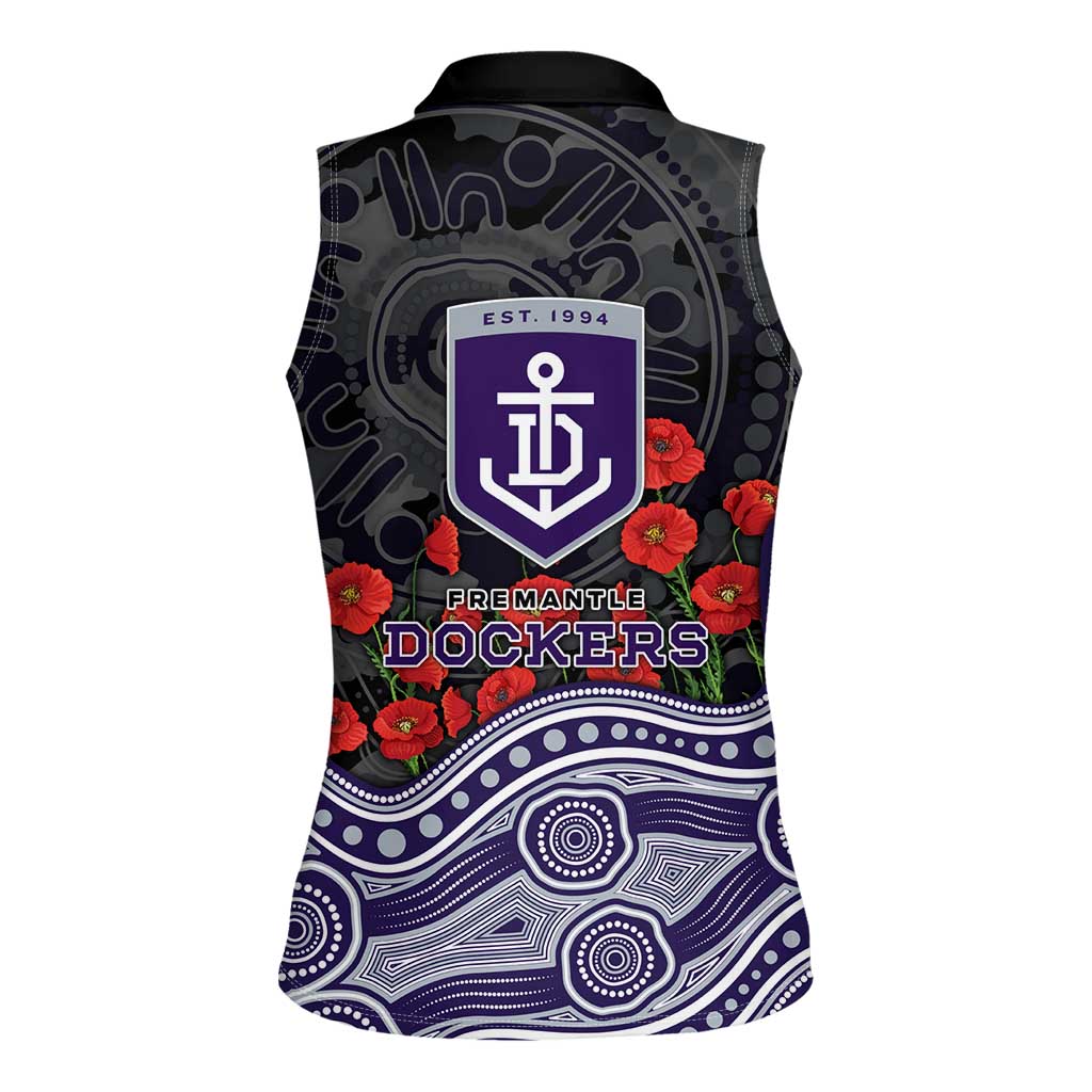 Fremantle Dockers ANZAC Day Women Sleeveless Polo Shirt Indigenous Dot Art with Poppy Flower Tribute