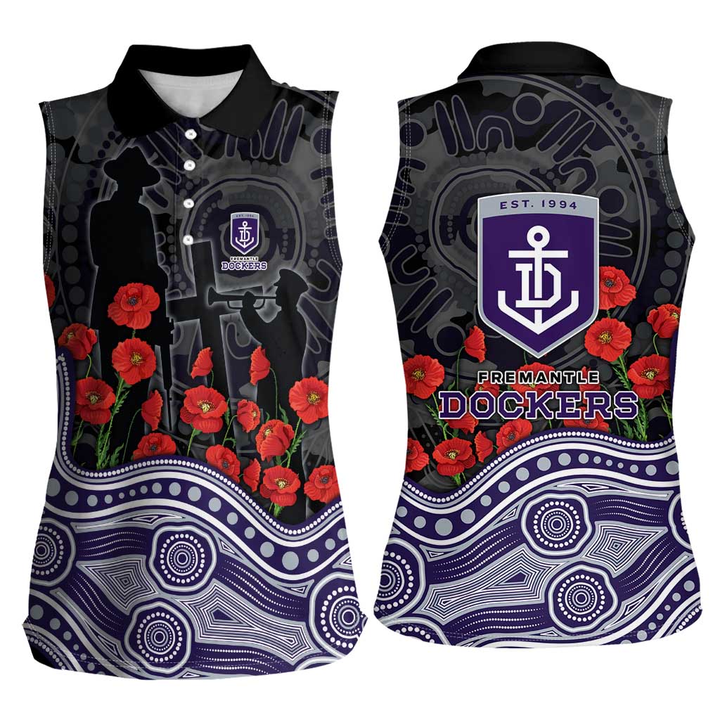Fremantle Dockers ANZAC Day Women Sleeveless Polo Shirt Indigenous Dot Art with Poppy Flower Tribute