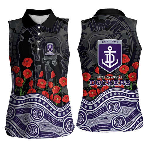 Fremantle Dockers ANZAC Day Women Sleeveless Polo Shirt Indigenous Dot Art with Poppy Flower Tribute